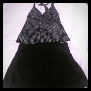 Land's end tankini navy blue polka dot